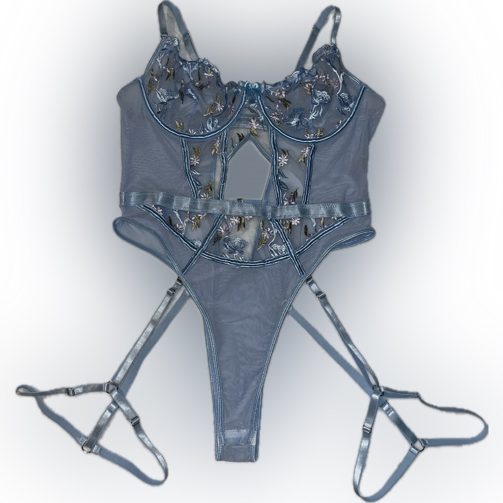 SHEIN Floral Embroidery Mesh Underwire Teddy Bodysuit XL